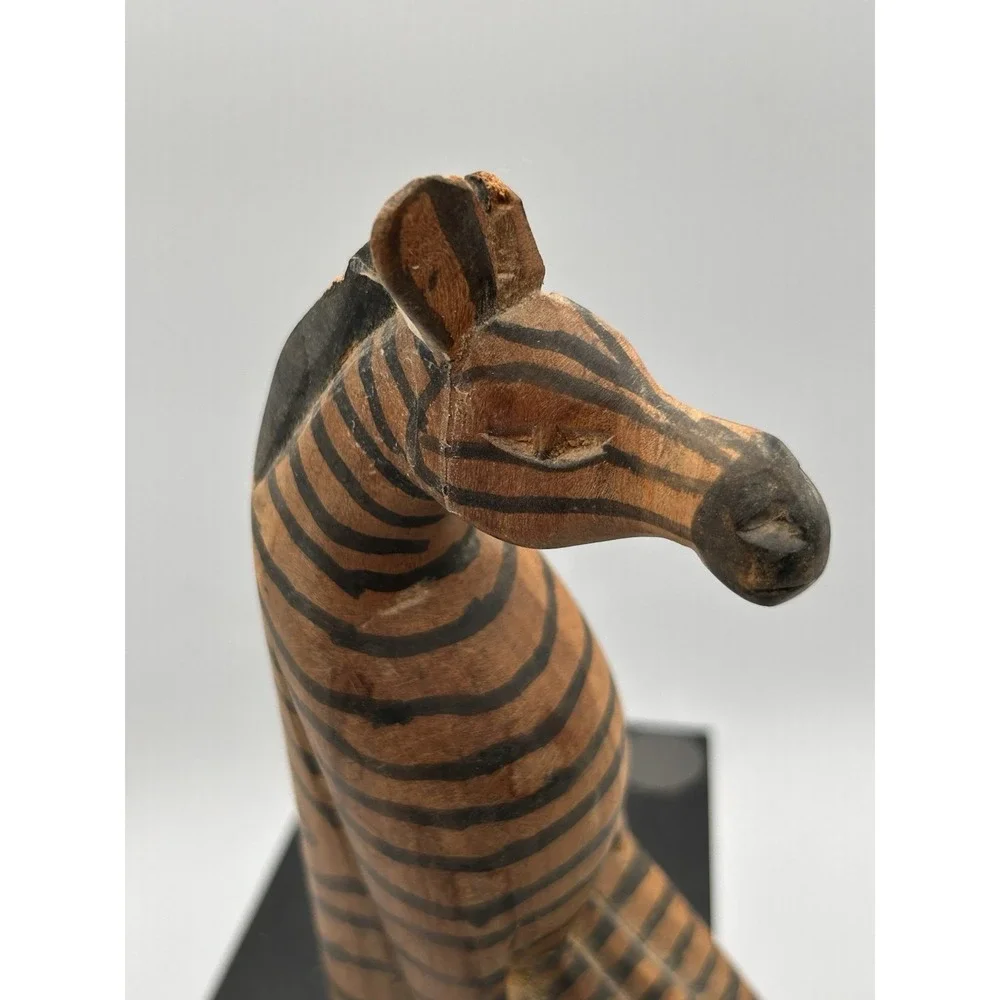Hand Carved Hand Painted African Style Folk Art Rustic Zebra Wood Shelf Sitter‎